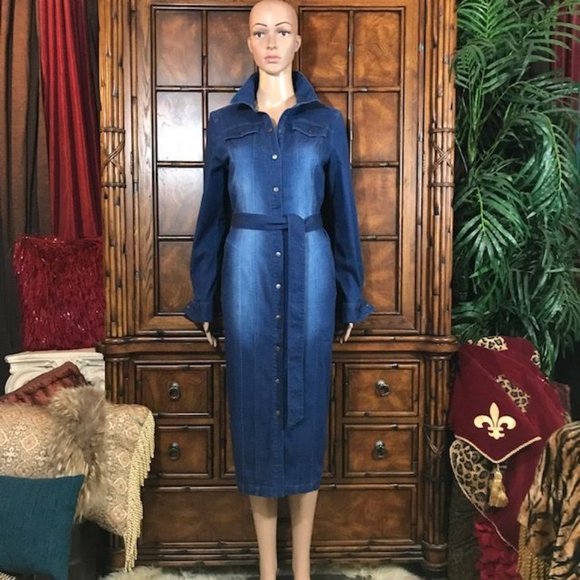 NWOT G.I.L.I. Mid Wash Stretch Cotton Denim Snap Front Belted Shirtdress - Picture 4 of 16